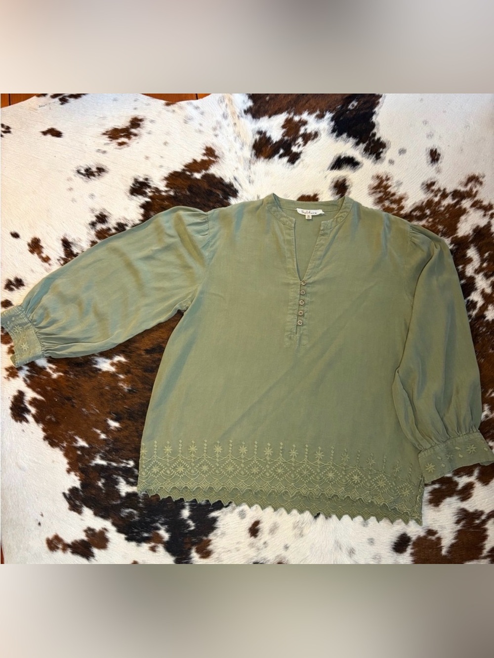 Solitaire Tencel Embroidered Floral Hem Long Sleeve Blouse Boho Cottagecore XL